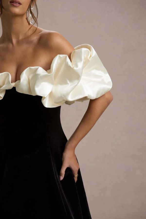 Brynne satin cloud puff-sleeve velvet stretch mini dress