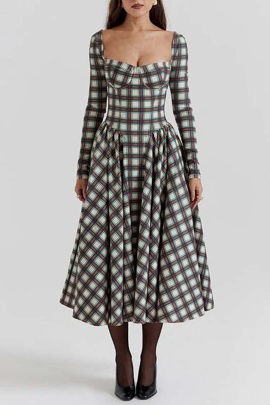 Plaid Pattern Long Sleeve Corset A-Line Pleated Midi Dresses-Red