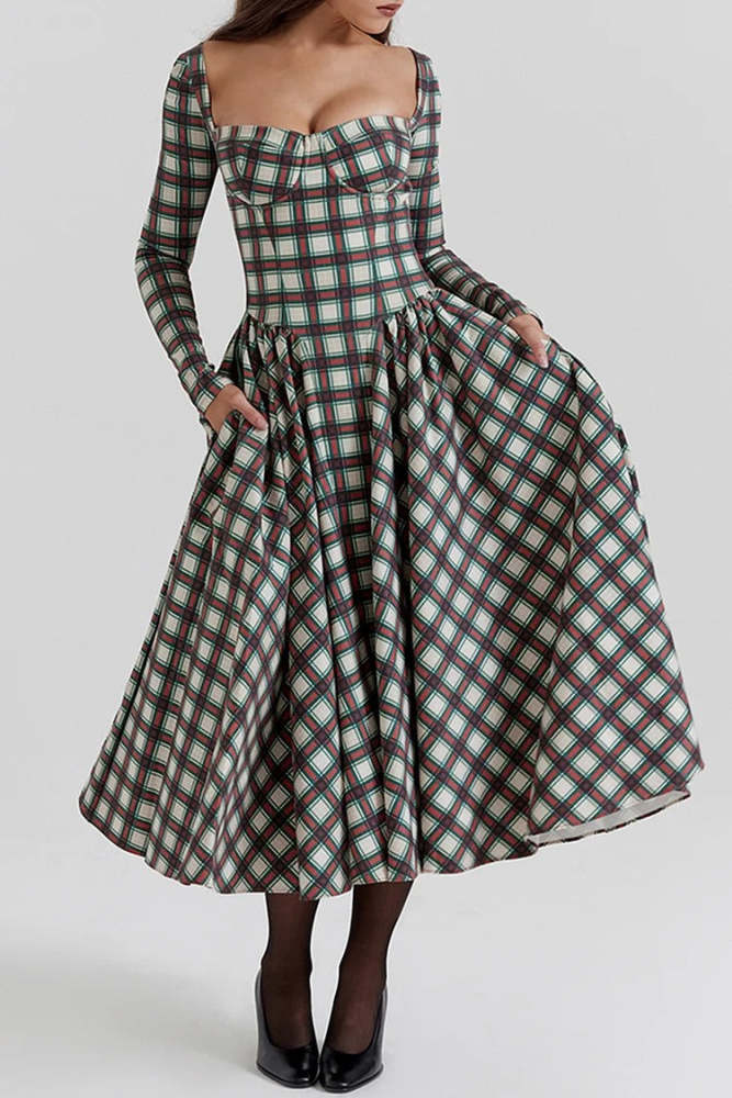 Plaid Pattern Long Sleeve Corset A-Line Pleated Midi Dresses-Red