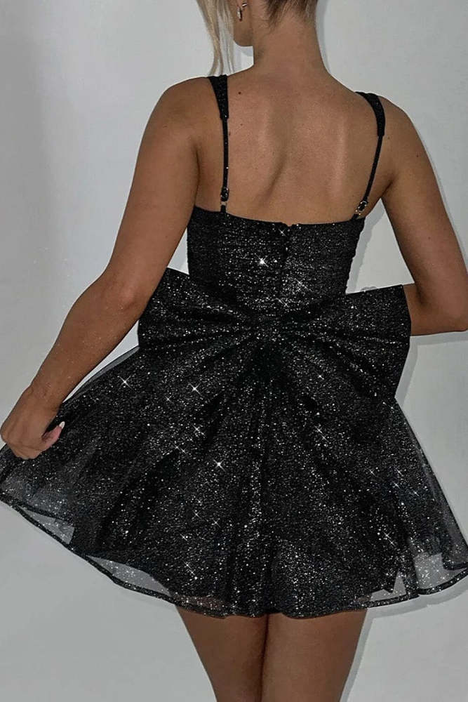 Glittering Cinch Waist Back Bow Decor Slip Mini Dress