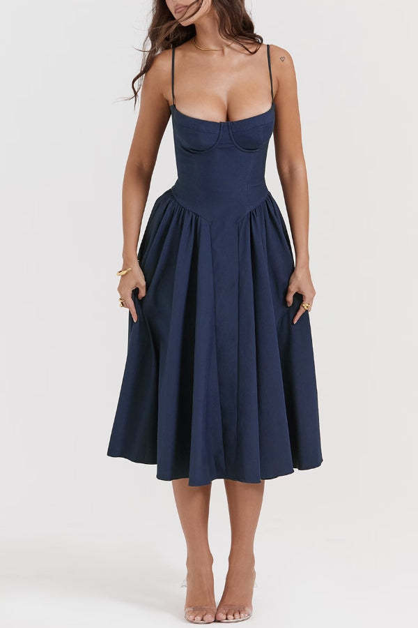 Pleated Square Neck Sling Midi Dress