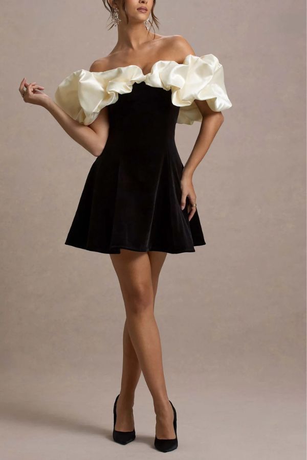 Brynne satin cloud puff-sleeve velvet stretch mini dress