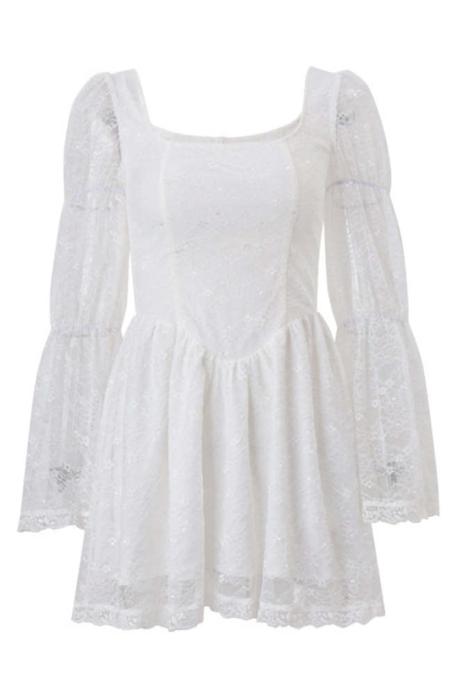 Sexy Square Neck Long Sleeve Waist Lace Splicing Dress