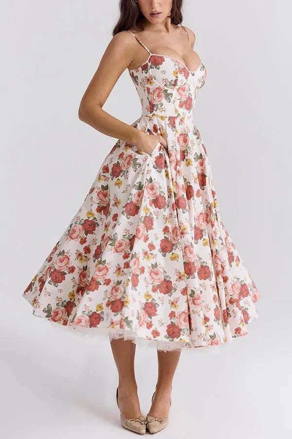 Love Is Love Floral Print Halter Mesh Double Hem Midi Dress