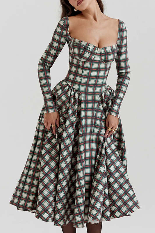 Plaid Pattern Long Sleeve Corset A-Line Pleated Midi Dresses-Red