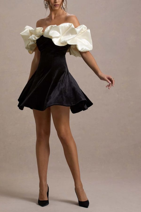 Brynne satin cloud puff-sleeve velvet stretch mini dress