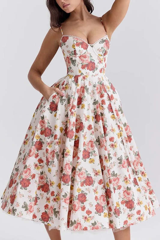 Love Is Love Floral Print Halter Mesh Double Hem Midi Dress