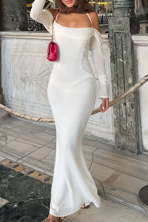 Off Shoulder Long Sleeve Bodycon Halter Fishtail Textured Maxi Dresses-White