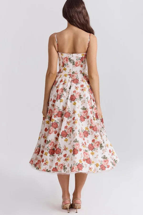 Love Is Love Floral Print Halter Mesh Double Hem Midi Dress
