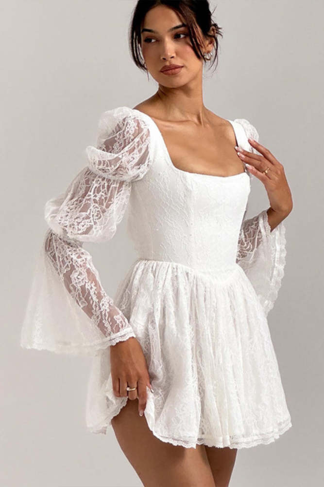 Sexy Square Neck Long Sleeve Waist Lace Splicing Dress