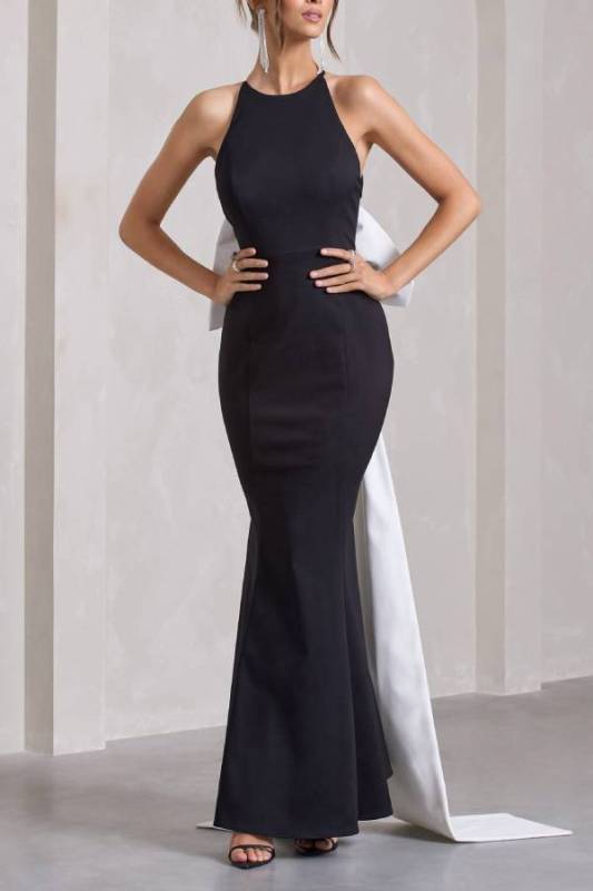 Statement Chic Racer Neck Back Oversized Bow Hem Backless Maxi Dress