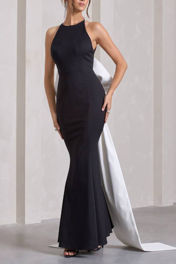 Statement Chic Racer Neck Back Oversized Bow Hem Backless Maxi Dress