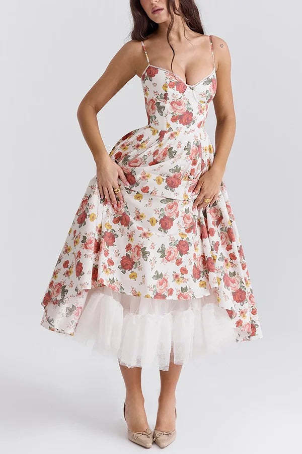 Love Is Love Floral Print Halter Mesh Double Hem Midi Dress