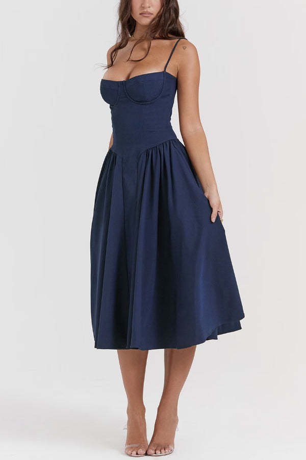 Pleated Square Neck Sling Midi Dress