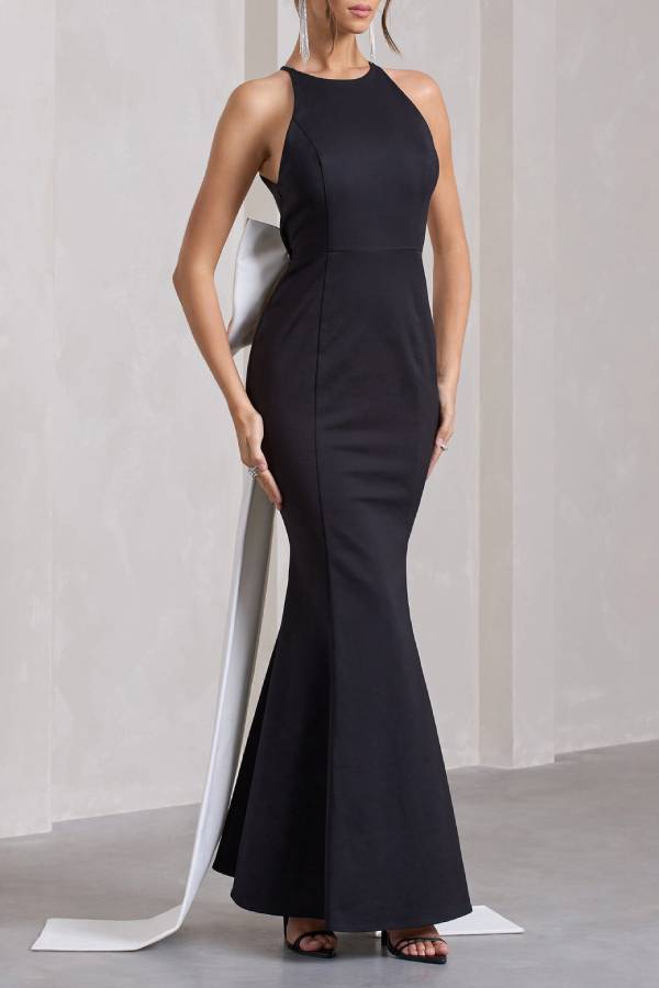 Statement Chic Racer Neck Back Oversized Bow Hem Backless Maxi Dress