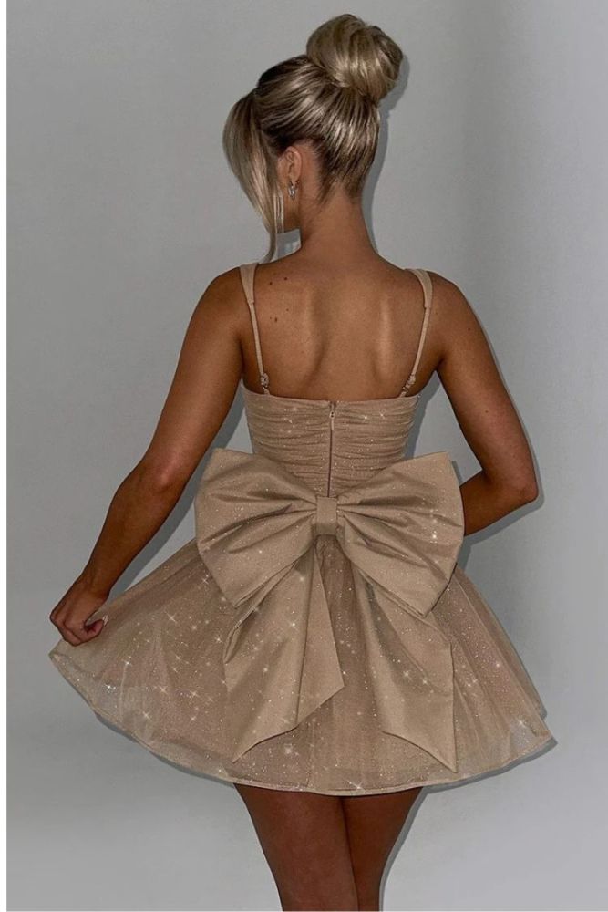 Glittering Cinch Waist Back Bow Decor Slip Mini Dress