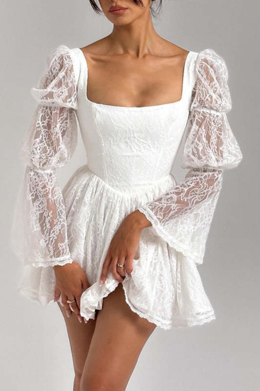 Sexy Square Neck Long Sleeve Waist Lace Splicing Dress
