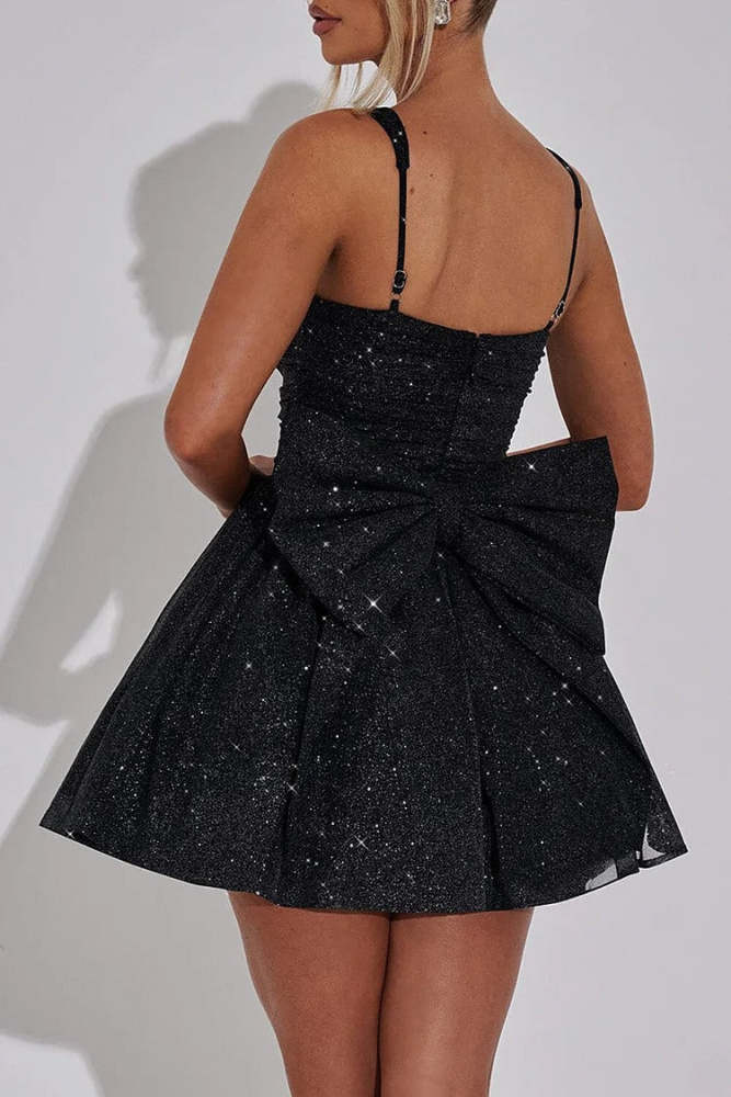Glittering Cinch Waist Back Bow Decor Slip Mini Dress