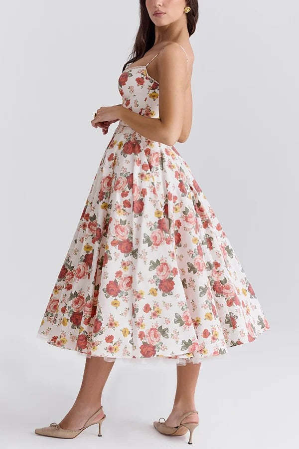 Love Is Love Floral Print Halter Mesh Double Hem Midi Dress
