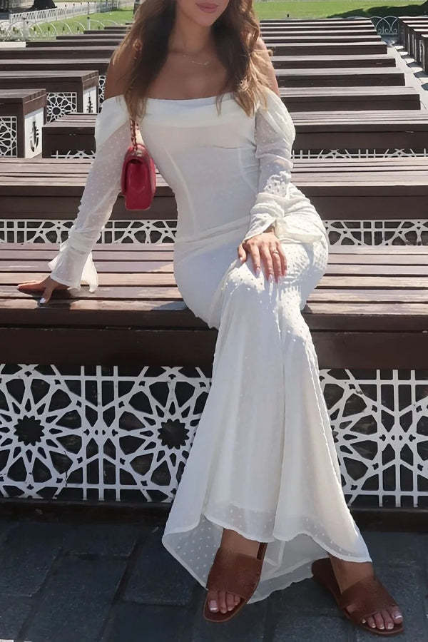 Off Shoulder Long Sleeve Bodycon Halter Fishtail Textured Maxi Dresses-White