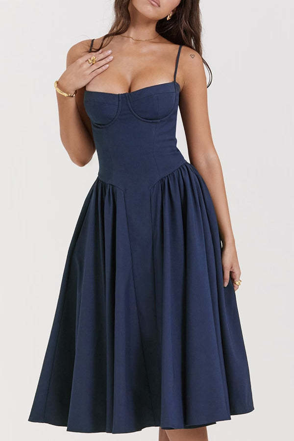 Pleated Square Neck Sling Midi Dress