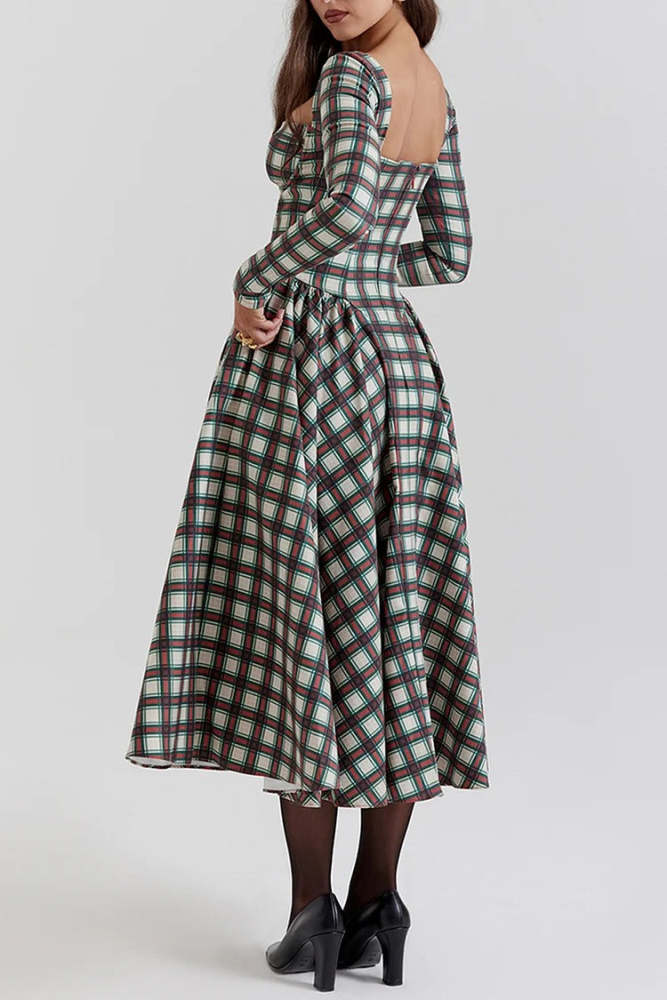 Plaid Pattern Long Sleeve Corset A-Line Pleated Midi Dresses-Red