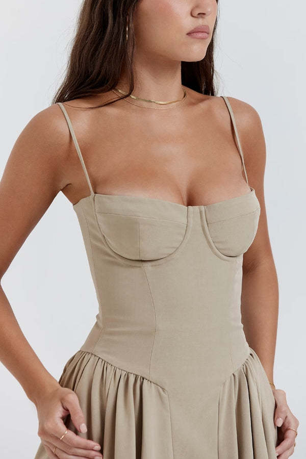 Pleated Square Neck Sling Midi Dress