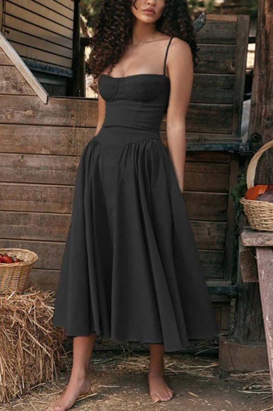Pleated Square Neck Sling Midi Dress