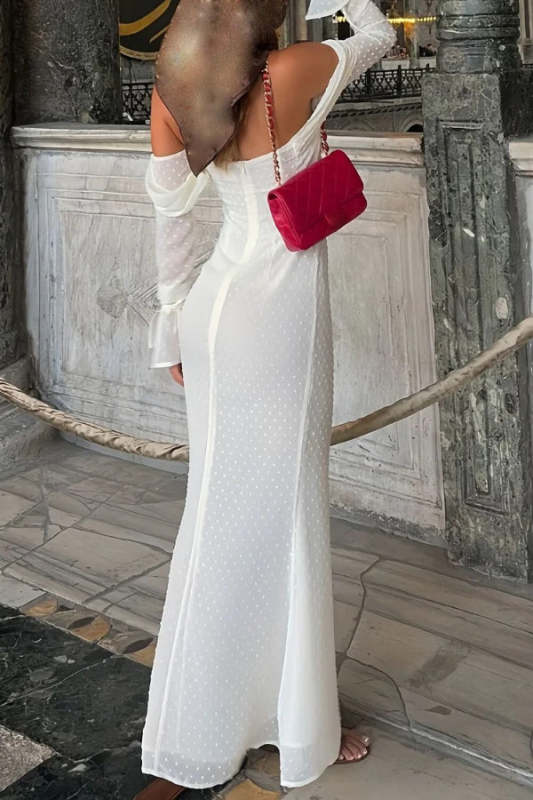 Off Shoulder Long Sleeve Bodycon Halter Fishtail Textured Maxi Dresses-White