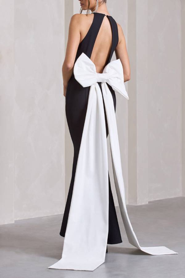 Statement Chic Racer Neck Back Oversized Bow Hem Backless Maxi Dress