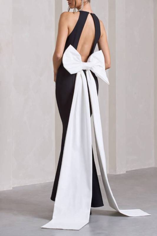 Statement Chic Racer Neck Back Oversized Bow Hem Backless Maxi Dress