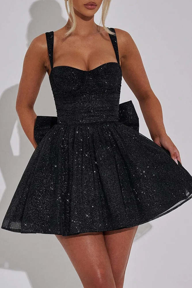 Glittering Cinch Waist Back Bow Decor Slip Mini Dress