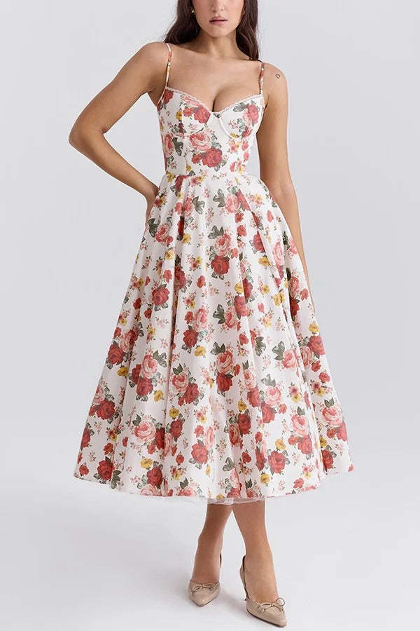 Love Is Love Floral Print Halter Mesh Double Hem Midi Dress