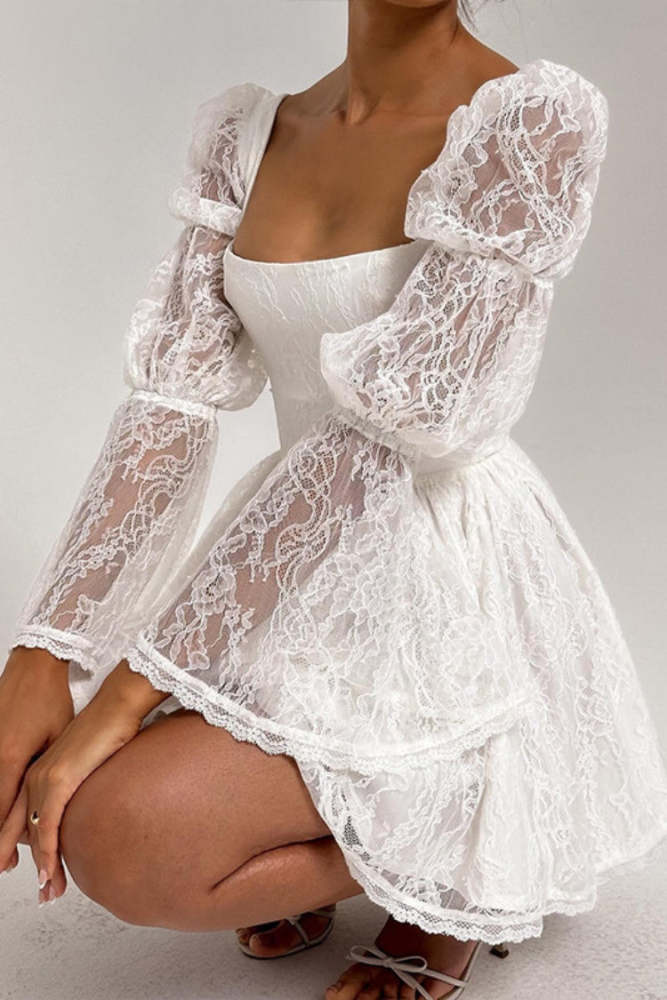 Sexy Square Neck Long Sleeve Waist Lace Splicing Dress