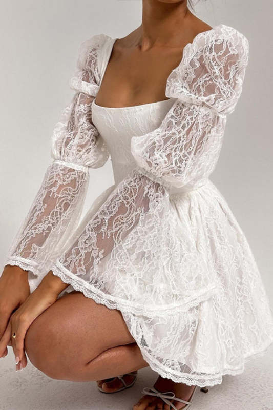 Sexy Square Neck Long Sleeve Waist Lace Splicing Dress