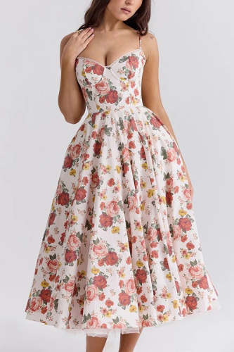 Love Is Love Floral Print Halter Mesh Double Hem Midi Dress