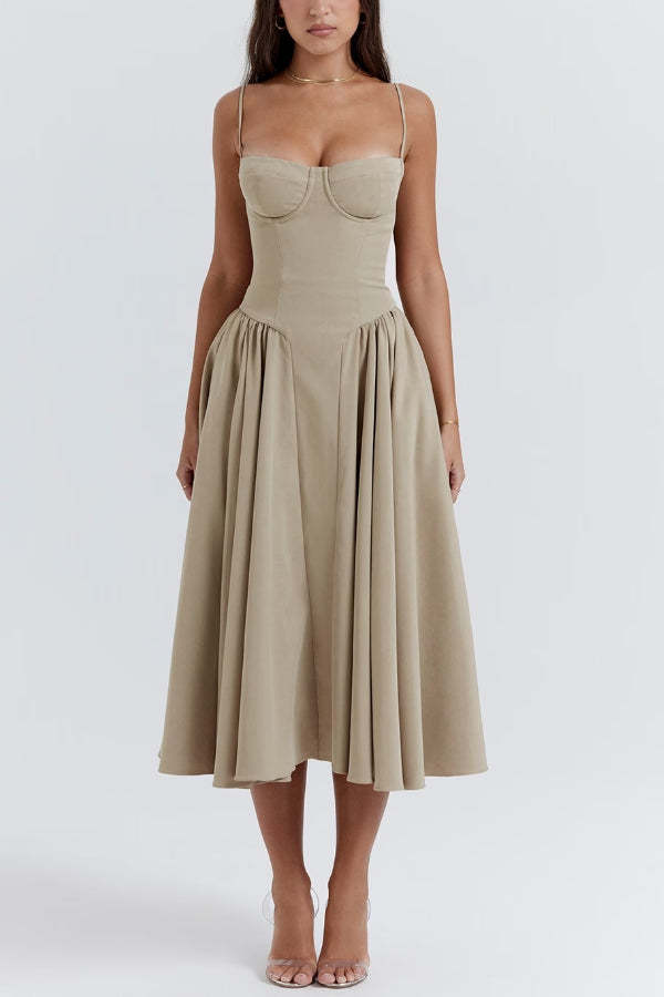 Pleated Square Neck Sling Midi Dress