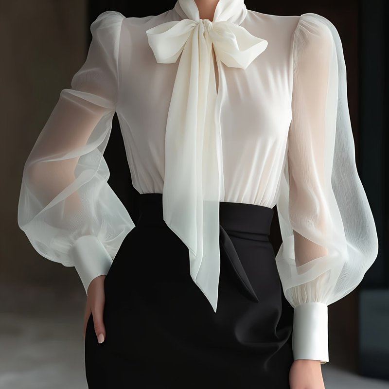 New Elegant High-Quality Women'S Chiffon Shirt with Mesh Sleeves And a Tie Design at The Neckline, Perfect for Commuting