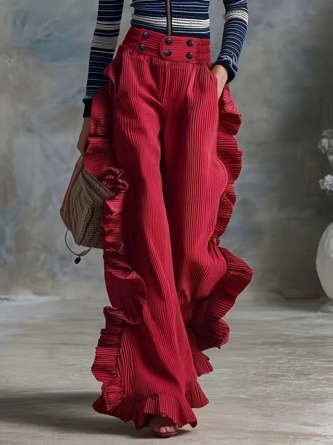 Burgundy Ruffled Wide-Leg Pants, Halloween\u002FChristmas New Arrival, High-Waist Loose Drapey Trousers