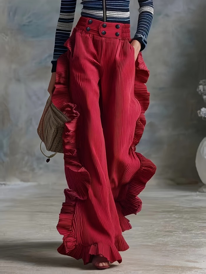 Burgundy Ruffled Wide-Leg Pants, Halloween\u002FChristmas New Arrival, High-Waist Loose Drapey Trousers