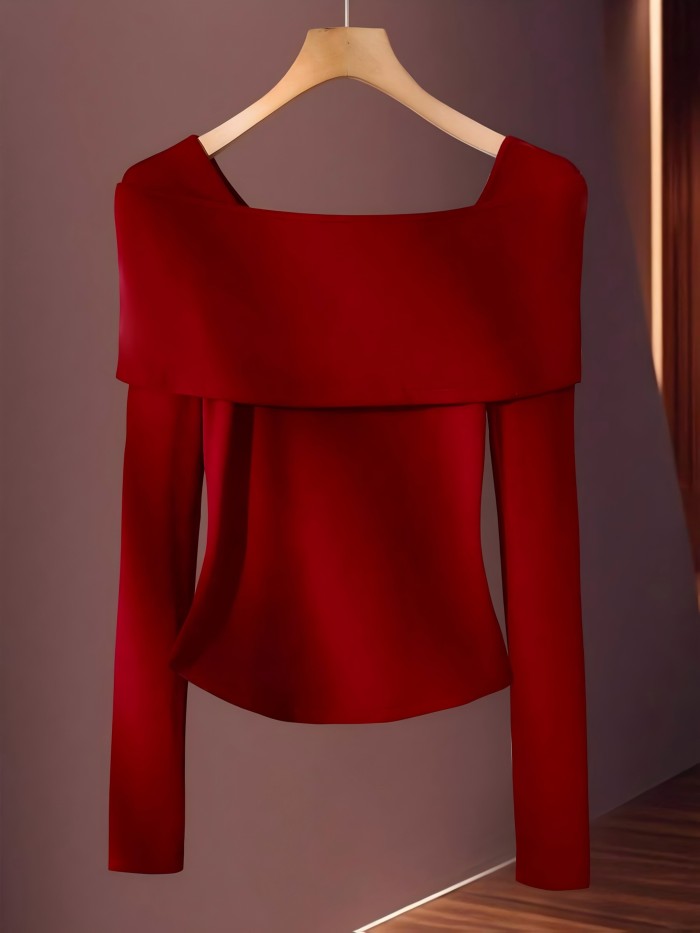Women's Elegant Bow Accent Slim-Fit long-Sleeve T-Shirt - Solid Color Medium-Stretch Bowknot Top, Machine Washable Winter Blouse for Office, Christmas Party & Fall\u002FWinter Wardrobe - Non- Smooth Base