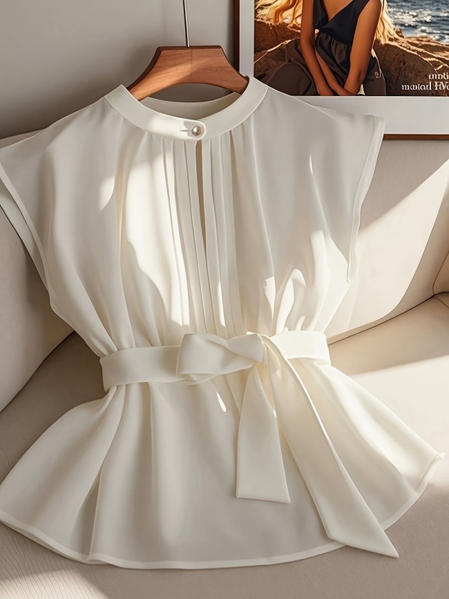 Women'S Summer Sleeveless Ruffled Tie-Detail Casual Commuter Shirt
