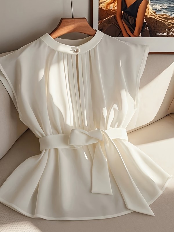 Women'S Summer Sleeveless Ruffled Tie-Detail Casual Commuter Shirt
