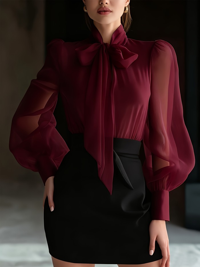 New Elegant High-Quality Women'S Chiffon Shirt with Mesh Sleeves And a Tie Design at The Neckline, Perfect for Commuting