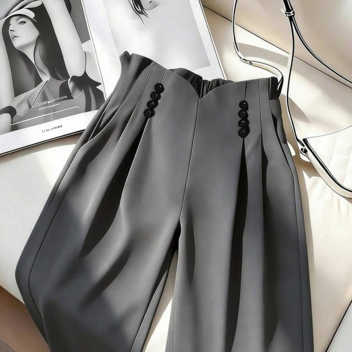 Women'S High-Waisted Buttoned Pleated Wide-Leg Pants Elegant Versatile Beautiful for Work, Dates, Parties, Daily Wear New Spring\u002FAutumn Collection