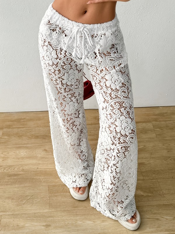 Wilderness Orienteering\u002FVacation Style Textured Lace Hollow Loose Solid Color Casual Pants\u002FHot Sexy High Waist Versatile Straight Leg Long Pants