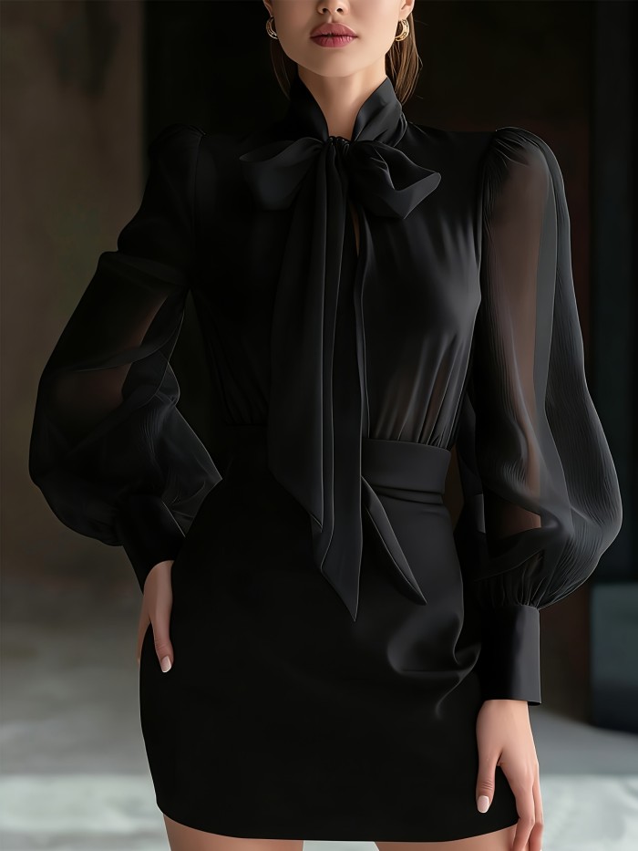 New Elegant High-Quality Women'S Chiffon Shirt with Mesh Sleeves And a Tie Design at The Neckline, Perfect for Commuting