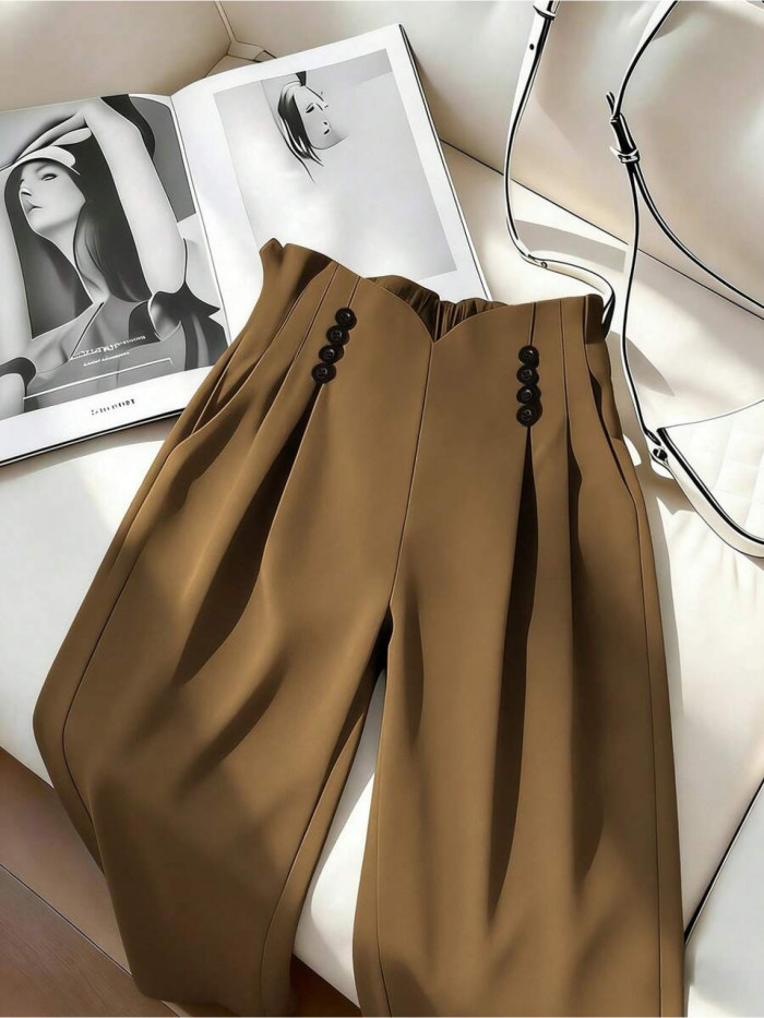 Women'S High-Waisted Buttoned Pleated Wide-Leg Pants Elegant Versatile Beautiful for Work, Dates, Parties, Daily Wear New Spring\u002FAutumn Collection