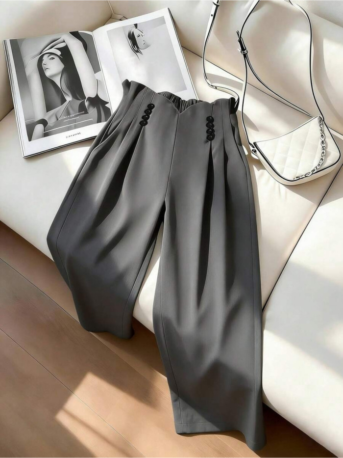 Women'S High-Waisted Buttoned Pleated Wide-Leg Pants Elegant Versatile Beautiful for Work, Dates, Parties, Daily Wear New Spring\u002FAutumn Collection
