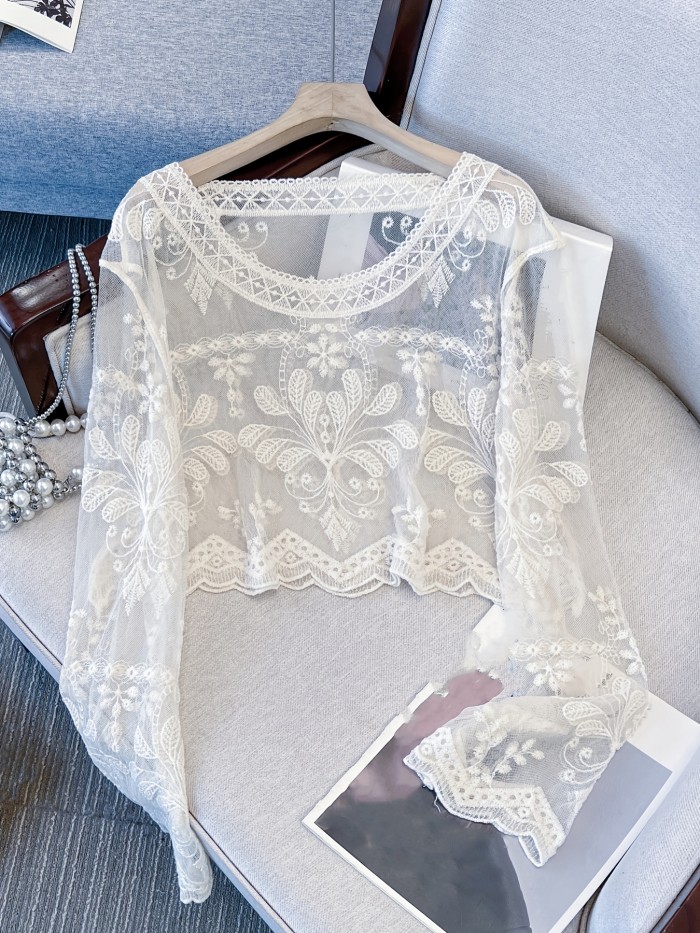 Long Sleeve Short Sheer Sexy Top Women'S Spring Autumn Short Outerwear Hollow Out Cover-Up Top